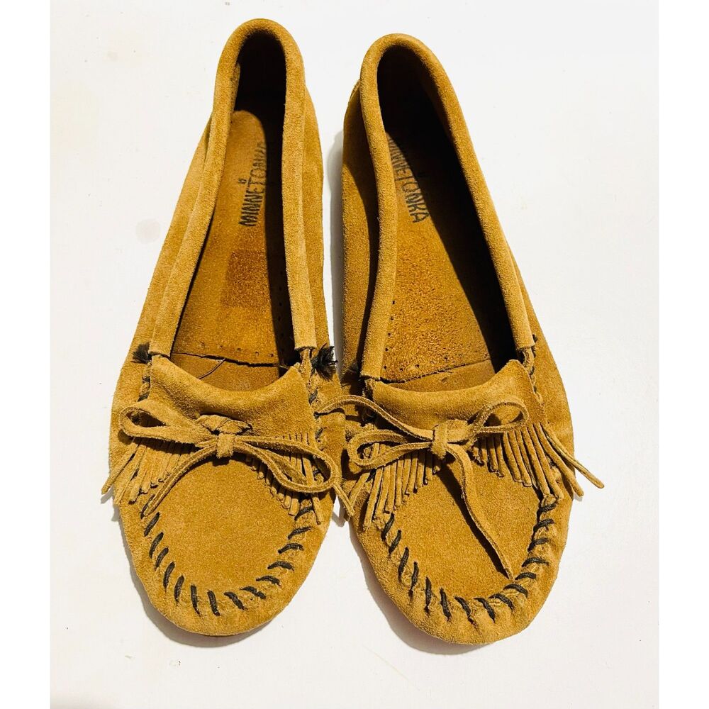 Minnetonka loafers moccasins tan leather suede southwestern native women 10